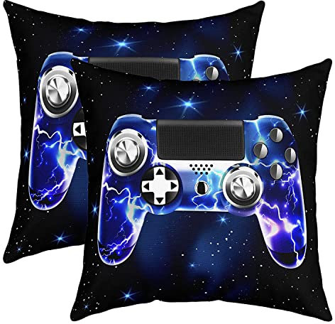Loussiesd Galaxy Gamepad Kissenbezug Lila Lightning Design Gamepad Kissenhülle für Couch Sofa Bett Videospiel Gamer Dekokissen Game Controller Kissenbezüge 40x40cm Quadrat Wurf Kissenbezüge Set