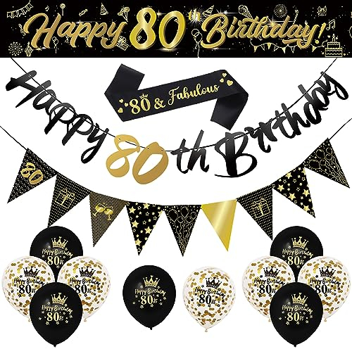 14 Pieces 80th Happy Birthday Decorations Kit, Birthday Party Decoration Including Party Supplies Birthday Straps 9ft Banner Triangle Flags Confetti Latex Balloons