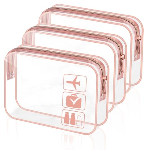 3 Pièces Trousse de Toilette Transparente, Sacs d'avion Transparents, PVC Étanche Trousse de Maquillage de Voyage, Sac de Toilette, Cosmétique Organisateur pour Hommes, Femme, Enfant (Rose)