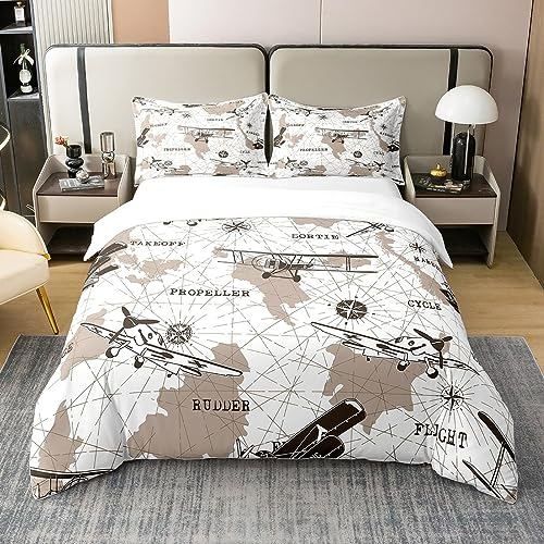 100% Baumwolle Flugzeug Bettwäsche Set 155x220 Jugend Luftfahrt Flugzeug Tröster Abdeckung für Kinder Jungen Weltkarte Bettbezug Kompass Gleiter Quilt Cover Zimmer Dekor mit 1 Kissenbezug Braun Weiß