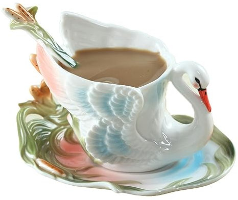 300 ml Emaille-Porzellan-Kaffeetasse mit weißem Schwan, Mikrowelle, kann für personalisierte und kreative modische Tassen für Büro und Zuhause verwendet werden