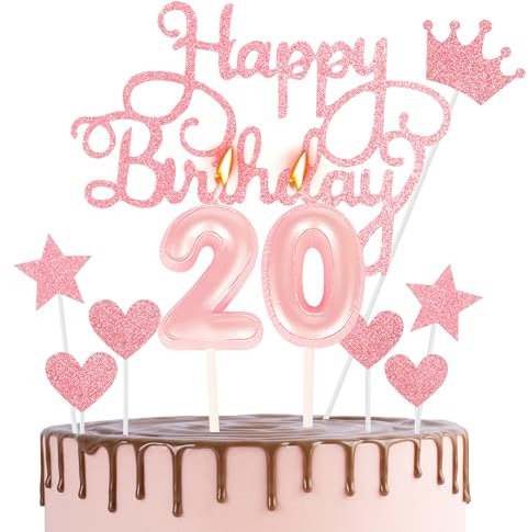 Happy 20th Birthday Cake Topper & Candle - Pink Number 20 Candles for Cake - Cupcake Topper & Cake Decorations for Girls' Birthday Party