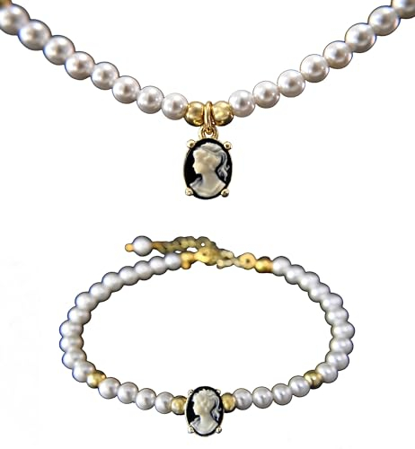 LADY MIRAGE - Perlen Schmuckset Damen - Vintage Halskette Damen - Perlmutt Armband - Gemme - Kamee - 925 Sterling Silber Vergoldet - Handgefertigte Geschenk - Schmuck - Weihnachtsgeschenk
