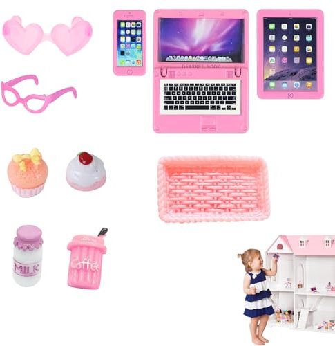 KAYEF casetta delle bambole accessori, 10 pezzi accessori per la casa dei giochi, accessori per la casa dei giochi, simulazione laptop tablet cellulare, mini bicchieri torta vassoio caffè