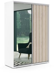 B&M Furniture Kleiderschrank mit Spiegel und Schiebetüren - mit Einlegeböden und Kleiderstange - für Garderobe, Schlafzimmer - Modern - mit Lamellen - Weiß und Eiche-Imitat - 150 cm B, 215 cm H