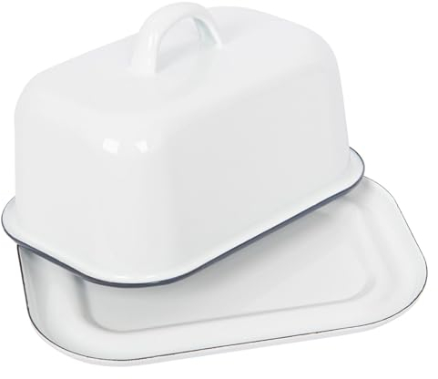 Argon Tableware Enamel Butter Dish with Lid - 18.5x10cm - Blue Rim - White Enamel Vintage Kitchen Butter Dish Fridge Cheese Storage Container for Butter, Cheese, Margarine
