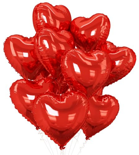 Red Heart Balloons, 10 Heart Shaped Helium Mylar Balloons, 18 for Valentine's, Engagement, Birthday, Baby Shower, Wedding Parties