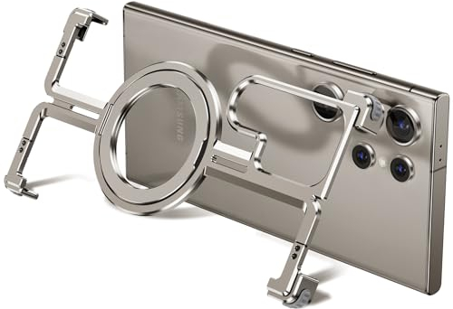 SEZQMA Schutzhülle für Samsung Galaxy S24 Ultra aus Metall, rahmenlos, minimalistische Hülle mit MagSafe-Kickständer, strapazierfähige, stoßfeste Handyhülle für Galaxy S24 Ultra, natürliches Titan