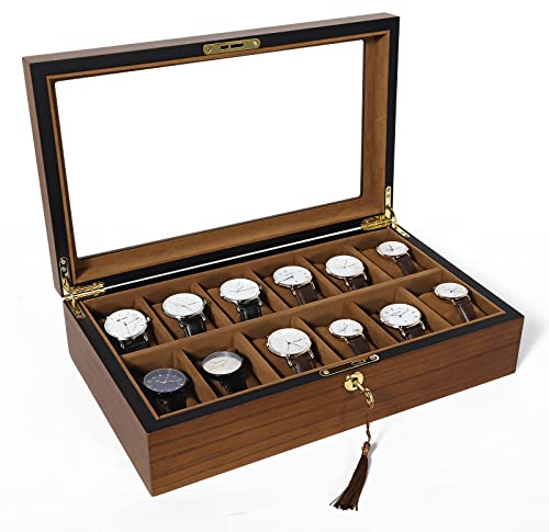 Uten Wood Watch Box with 12 Slots, Watch Case Organizer with Golden Lock and Key, Watch Display Storage Box with Removable Watch Cushions, Velvet Lining, Metal Clasp, Gift for Men & Women