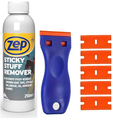 Zep Sticky Stuff Remover 250ml and Scraper Tool Bundle with 10 Plastic blades - Adhesive & Sticker Remover