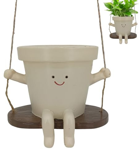 HoveeLuty Schaukel-Pflanztopf, Hängepflanzgefäß, 10,2 cm, Hänge-Pflanzenhalter, Lächeln-Gesicht, niedliche Pflanzentöpfe mit Seil, Zimmerpflanzen, Sukkulenten-Töpfe, sitzende Schaukeltöpfe