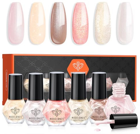 Modelones Nail Polish Set 6 Colors White Pink Nail Varnish Quick Dry Brown Nude Glitter Nail Polish Manicure Diy Home Salon For Women