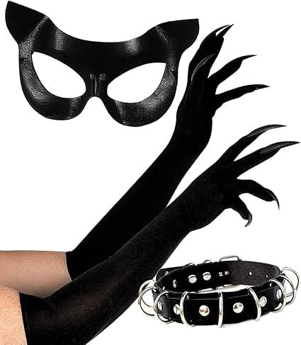 Halloween Maschera da Gatto, Maschera Gatto Nero con Guanti Neri Lunghi, Collane Pelle, Maschera Veneziana Maschera Halloween Donna, Maschere da Gatto per Halloween Cosplay Carnevale Feste in Maschera