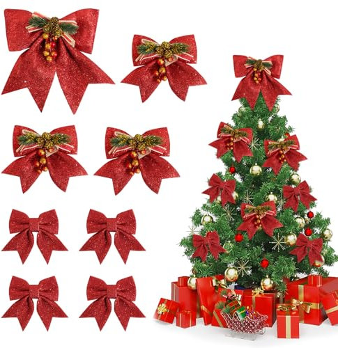 BOFUNX 8 Stück Weihnachtsschleifen Rot Glitzer Weihnachten Schleifen Deko Weihnachtsbaum Schleifen Weihnachtsschleifen Weihnachtsbaumschmuck für Weihnachtsbaum Neujahr Dekorationen