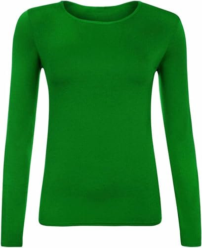 FASHION MY LOVE Women Ladies Long Sleeve Round Neck Plain Top Stretchy Casual Summer T-Shirts Basic Slim fit Tee Tops UK Plus Size 8-26 Jade Green