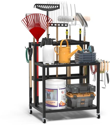 Anvuda Garden Tool Organizer for Garage,3 Tier Utility Yard Tool Organizer and Storage Holder with Wheels,Garden Tool Rack up to 77 Handled Tools,Heavy duty Steel Garden Tool Storage for Outdoor,Yard