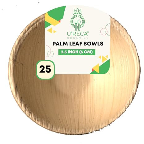 U'reca Organics Lot de 25 bols ronds en feuille de palmier respectueux de l'environnement | Lot de 25 | Vaisselle jetable, compostable et biodégradable | Parfait pour les condiments, les petites