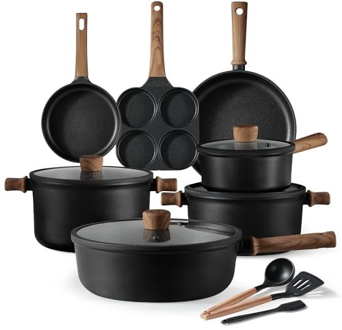 CAROTE Nonstick Cookware Sets, Pots and Pans Set Non Stick 14pcs, Titanium Induction Cooking Sets with Stay-Cool Handle, Black