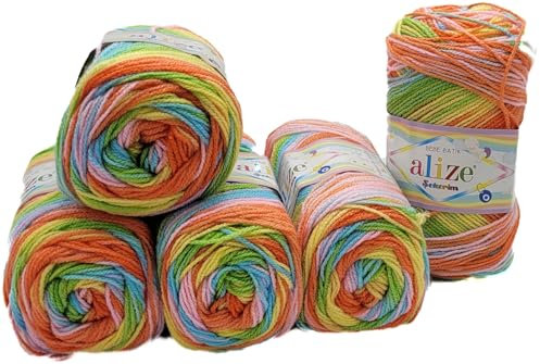 5 x 100g Babywolle Ilkadim Export Sekerim Bebe Batik Mehrfarbig, 500 Gramm Wolle Acryl Strickgarn (orange gelb grün 4400)