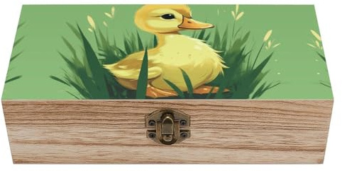 NWTRK Kleine Ente auf grünem Gras, Holz-Aufbewahrungsbox mit Scharnierdeckel und Frontverschluss, dekorative Aufbewahrungsboxen aus Holz, Geschenk, Schmuck, Organizer, Boxen für Büro, Schreibtisch