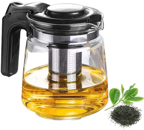 Glaskanne mit sieb, 1,6 Liter Premium Teekanne Gla Hitzebeständig Glaskanne mit Deckel, Teekanne mit Edelstahl Teesieb Feinmaschiger Filter Teekanne mit Deckel Siebeinsatz Nicht Beheizter Griff