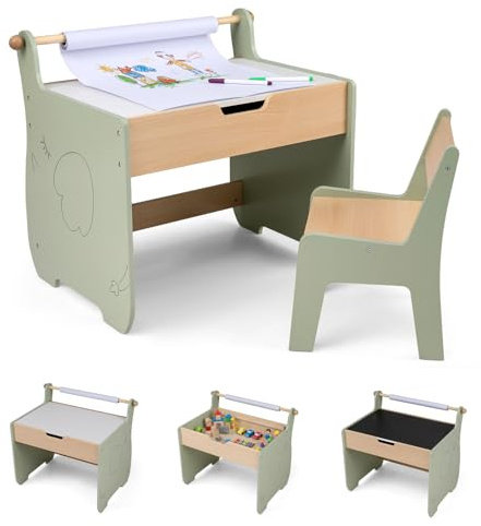 COSTWAY Kindertisch mit Stuhl, 4 in 1 Kindersitzgruppe aus Holz mit wendbarer & abnembarer Tischplatte, Kinder Maltisch mit Stauraum & Papierrollenhalter, Sitzgruppe für Kinder ab 3 Jahren