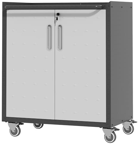 BIZOEIRON Armario de almacenamiento de metal con ruedas, armario de almacenamiento de garaje con cerradura con puertas y estantes, armario de almacenamiento de herramientas con ruedas, requiere