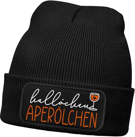 MoonWorks® Damen Beanie mit Patch Hallöchen Aperölchen Strickmütze mit Spruch Aufdruck Lustig Damenmütze Schwarz-orange Unisize