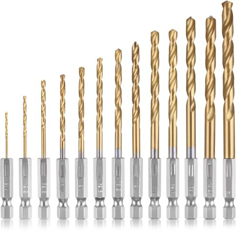 SPEEDWOX 13Pcs Titanium Twist Drill Bit Set 1/4 inch Hex Shank Drill Bit Set High Speed Steel Quick Change Hex Drilling Bit Twist Drill Bits Set Drill Bits for Metal Wood Plastic Aluminum, 1/16-1/4