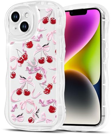 Phoona Bow Cherry Case for iPhone 14 6,1, Cute Curly Wave Girly Preppy Aesthetic Design Wavy Pattern, Clear Phone Case Anti-Yellowing Shockproof Protective Cover for Girls Women, Pink02