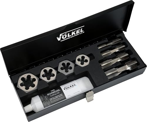Völkel Rohrgewindeschneider Set HexTap G 1/4–3/4, HSS-G, DIN ISO 228 | BSP-Sanitärgewinde, doppelseitig, mit Sechskantschneidmuttern, 120 ml V4S Schneidgel, robuste Metall-Kassette, rutschfest