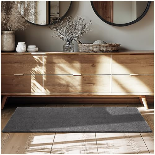 tectake® Flauschiger Kurzflor Teppich, waschbar, für Wohnzimmer, Badezimmerteppich, Küchenteppich, Teppich Flur, Home Deko, rutschfest, allergikerfreundlich, anthrazit, 80 x 150 cm