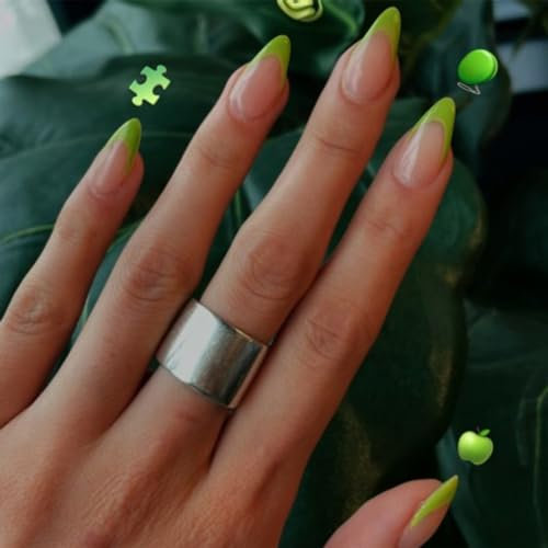 KQueenest 30 Pcs Neon Green French Tip False Nails Short Medium Almond, French Tip False Nails Short Stiletto, Lime Green Acrylic Fake Nails Set Natural Nude Gel Stick on Nail for Women Summer Wear