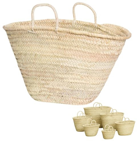 Cesto de Palma Natural Tejido a Mano, Bolso de Playa con Asas, Estilo Capazo Tradicional (A: 15 X 27 X 10)