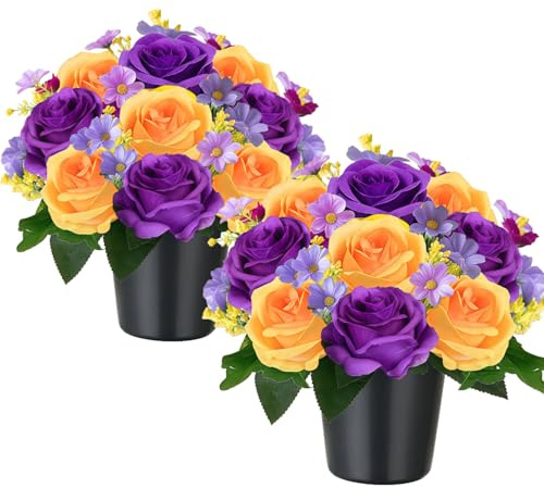 Tosoda 2 Pack Artificial Grave Flowers in Pots Artificial Roses Arrangements for Cemetery Blue Red Purple Pink Roses Arrangements for Choose (Purple&Yellow)