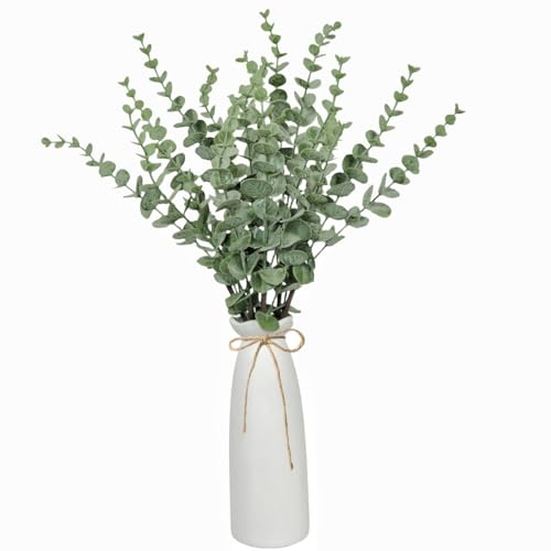 YELIKIT Artificial Eucalyptus Branch Plants with Ceramic Vase, 45 cm Artificial Plant Stems in White Vase, Artificial Branches for Home, Office, Country House Style, Wedding, Table Decoration