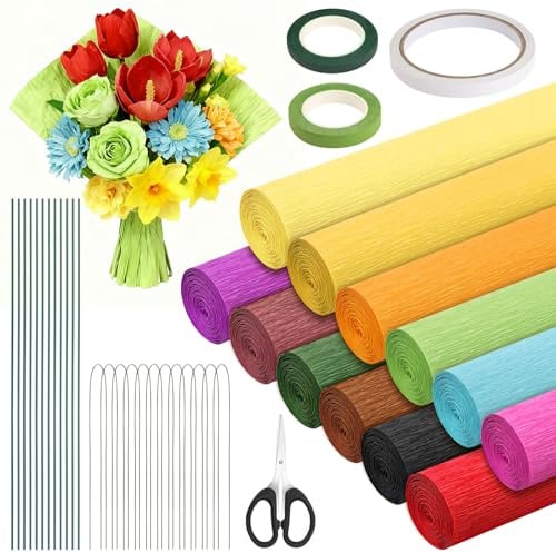 Crepe Paper Rolls,12 Colors Crepe Paper Sheets,25x250cm with 30 Stem Wires(30cm & 40cm), 2 Rolls of Floral Tape, Double-Sided Tape, Scissor for DIY Florist Paper Crafts, Party Supplies, Wedding Decor