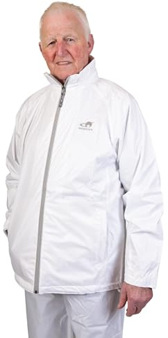 Emsmorn Men's Drilite Waterproof Lawn Bowling Jacket, White, Polyester with Teflon Coating, Breathable, Taped Seams.