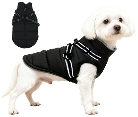 Manteau pour Chien Hiver Petite Taille, ZoneYan Imperméable Manteau Chien avec Harnais Réfléchissants et Réglable, Veste Chauds Chiens Vêtements, Gilet de Protection Contre pour Chiot (Noir, M)