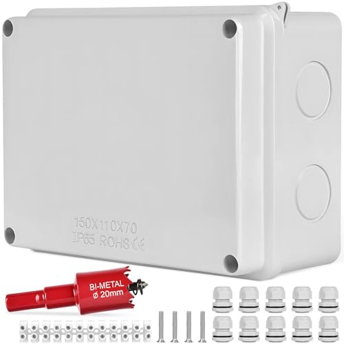 Abzweigdose Außen Wasserdicht IP65 mit 10×M20 Kabelverschraubungen mit Dichtung & 1×M20 Locher, 150x110x70 mm ABS Innenbereich & Außenbereich Aufputz Verteilerdose für 6–12 mm Kabel Geeignet