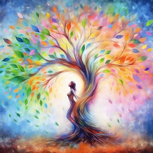 HKLIOPU Point de Croix Canevas kit complet adulte,11CT Debutant Broderie imprimé, Motif arbre de vie 40×40cm