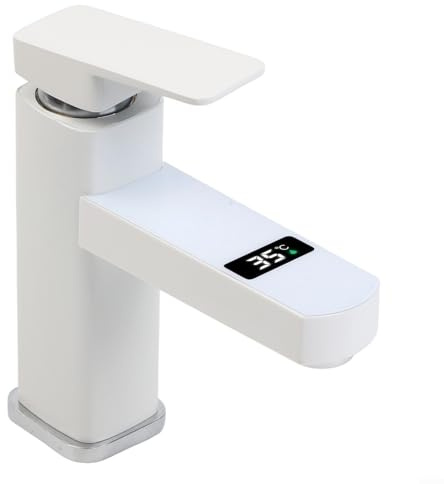 Digitaler Thermostat-Wasserhahn für Badezimmer, Edelstahl-Heiß- und Kaltwassermischer mit Touch-Temperaturanzeige, 35 ℃ optimale Einstellung, kompatibel mit Standard-Sanitäranlagen (weiß)