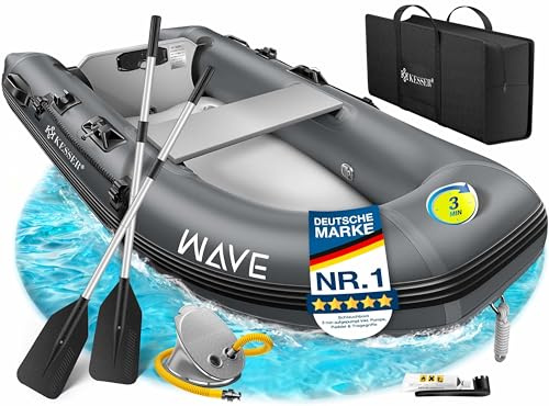 KESSER® Schlauchboot Wave 230-380 cm Set 6-teilig aufblasbar – Boot + Bank, Luftpumpe, Paddel, Reparaturset, Tasche, Angelboot, Paddelboot klein und groß - Motorkombi möglich, Salzwasser geeignet