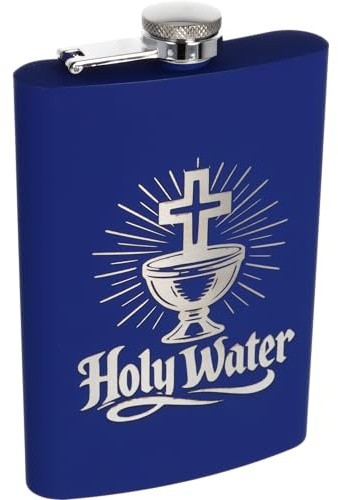Flachmann Edelstahl 266 ml (9 oz)–Soft Touch Silikonbeschichtung|Lasergravur dauerhaft|Auslaufsicher|Geschenk für Männer & Frauen|Outdoor|JGA|Wandern|Party (Holy Water - blau)