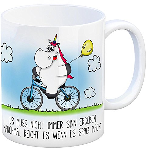 trendaffe Honeycorns Kaffeebecher mit Einhorn Fahrrad Motiv und Spruch: Es muss nicht immer Sinn ergeben...