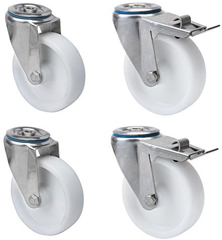 Satz Transportgeräterolle Edelstahl 80 mm Rad aus Polyamid Rückenloch Lenkrolle mit ohne Feststeller V2A INOX Edelstahlrolle Polyamidrad Totalfeststeller Bremse Stop