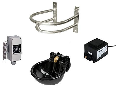 Kerbl Tränke Set: beheizbare Tränke 50W 24V mit 100 Watt Trafo Thermostat Schutzbügel, Gusseisen Tränkebecken, Frostschutz bis -20°C Pferd Rind Pferdetränke Rindertränke Selbsttränke