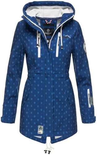 MARIKOO Damen Softshelljacke (XS-3XL) mit Kapuze - Wasserabweisend, Fleece innen, Tasche am Arm, Mantel, Warme Jacke Frauen B614 (S, Blau-Muster)