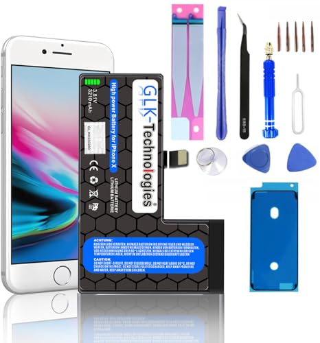 Batteria di ricambio migliorata compatibile con iPhone X (10), batteria originale GLK Technologies | batteria da 2930 mAh | incluso strumento pellicola protettiva anti-spy
