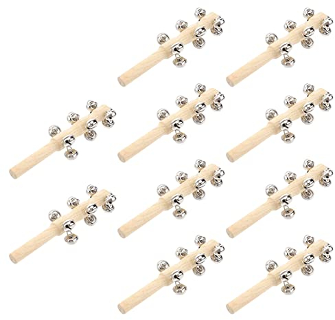 TOYANDONA 10 Pack Jingle Bells Instrument, Wooden Baby Hand Bell Christmas Jingle Stick Shaker Rattle Handhold Musical Instrument Toy School Desk Ring Bell for Education Party Christmas